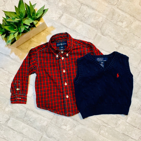 blue navy Ralph Lauren LIttle Boys Long-sleeve Plaid Shirt